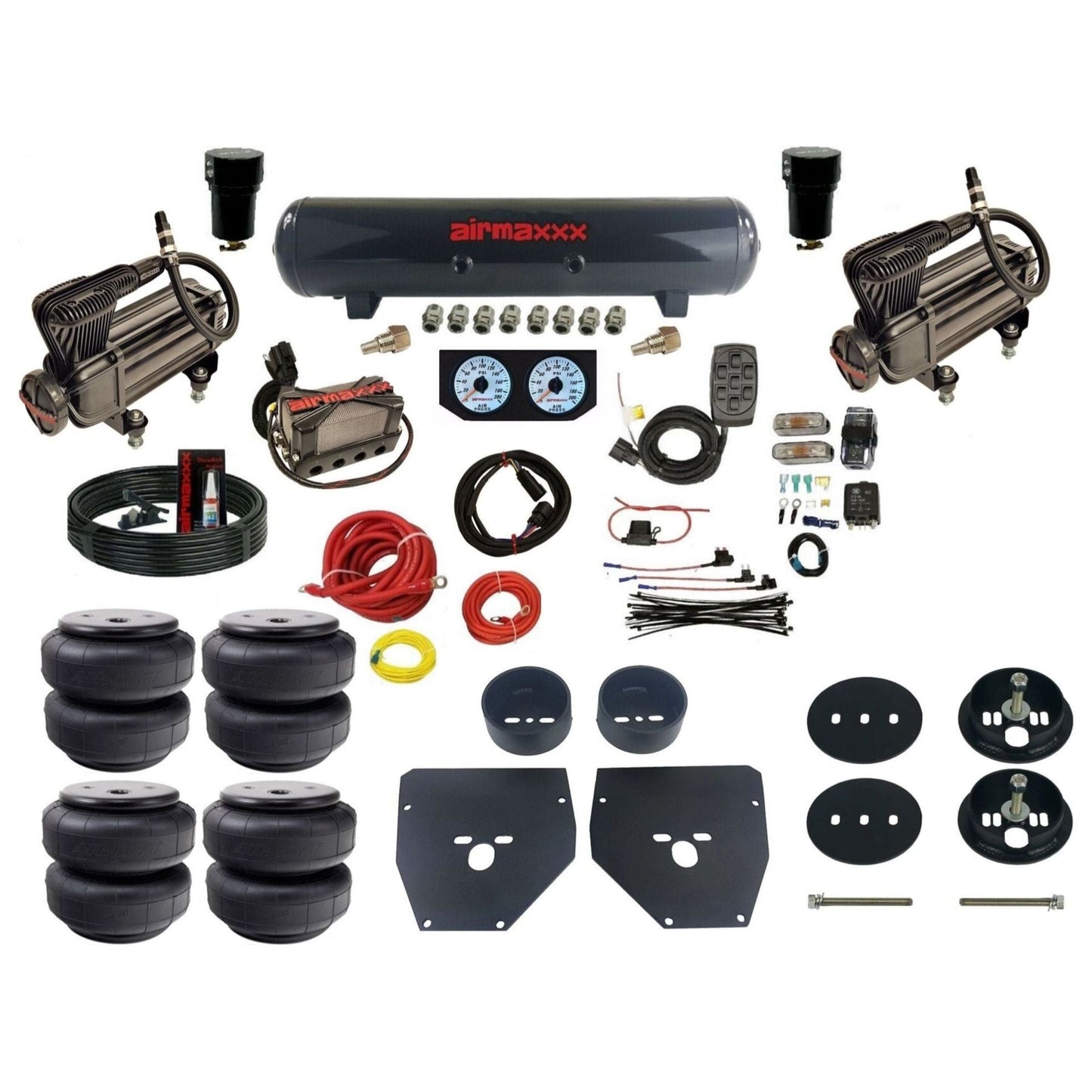 Complete Air Suspension Kit 3/8" Manifold airmaxxx X-series Compressors steel air tank Air Lift bags & brackets Fits 1963-72 C10 2wd KC1063-XB2-57S-X4X7-WK-HFD26