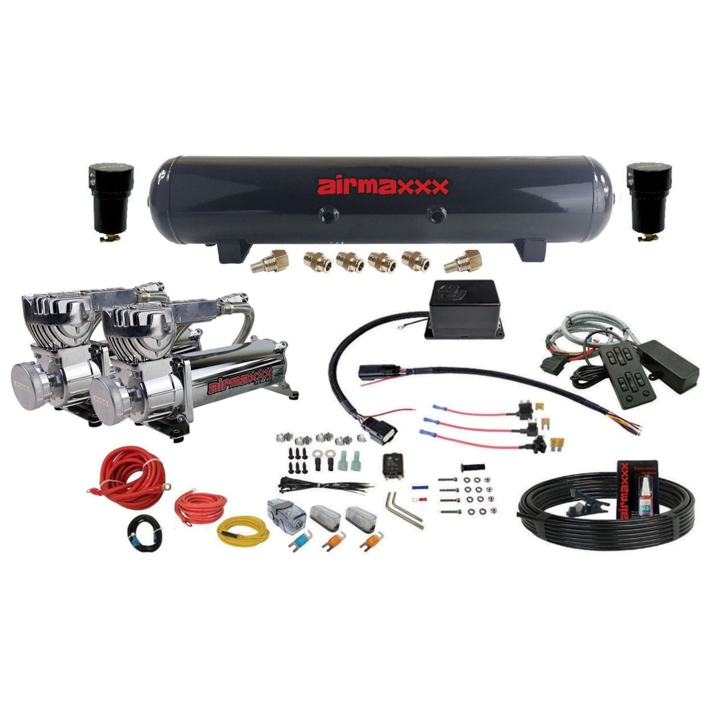 Complete air management kit with 580 chrome air compressors, fittings, steel tank and wiring