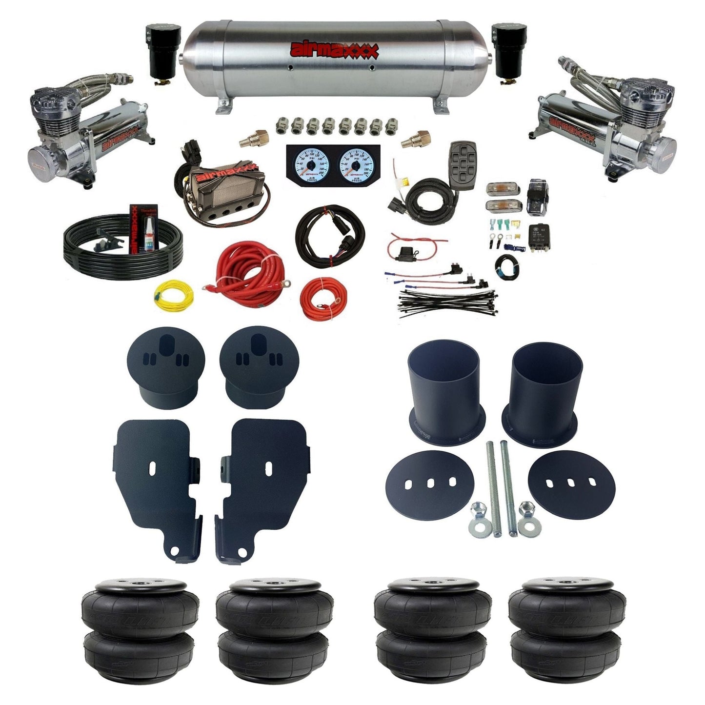 Complete air ride suspension kit with 580 chrome compressors aluminum tank and manifold with air lift bags KIMP65-480C2-57ARW-X4X7-WK-HFD25