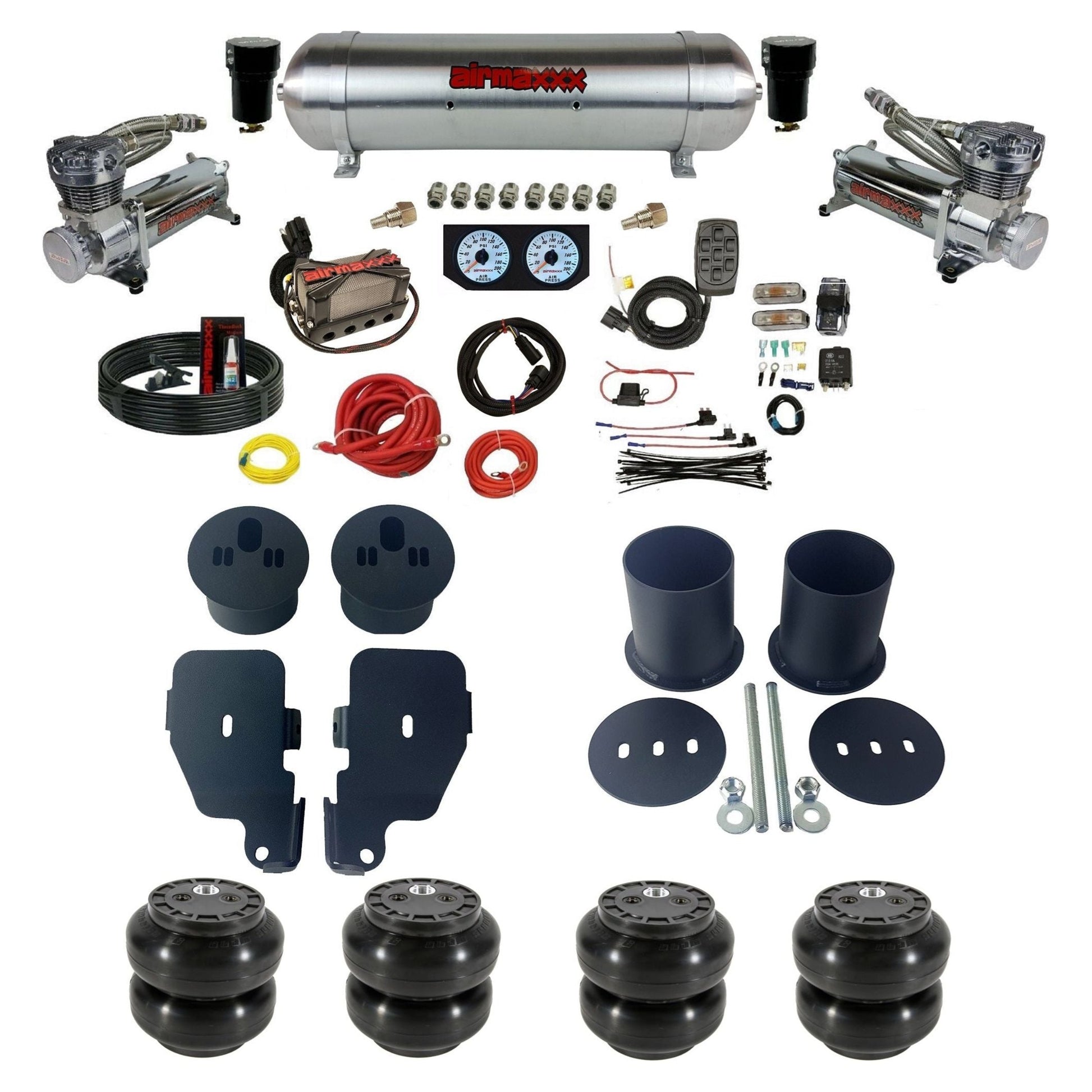 Complete air ride suspension kit with 580 chrome compressors aluminum tank and manifold with slam bags KIMP65-480C2-57ARW-X4X7-WK-HFSS6