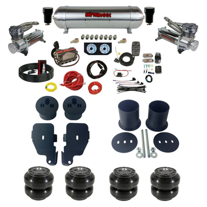 Complete air ride suspension kit with 580 chrome compressors aluminum tank and manifold with slam bags KIMP65-480C2-57ARW-X4X7-WK-HFSS6