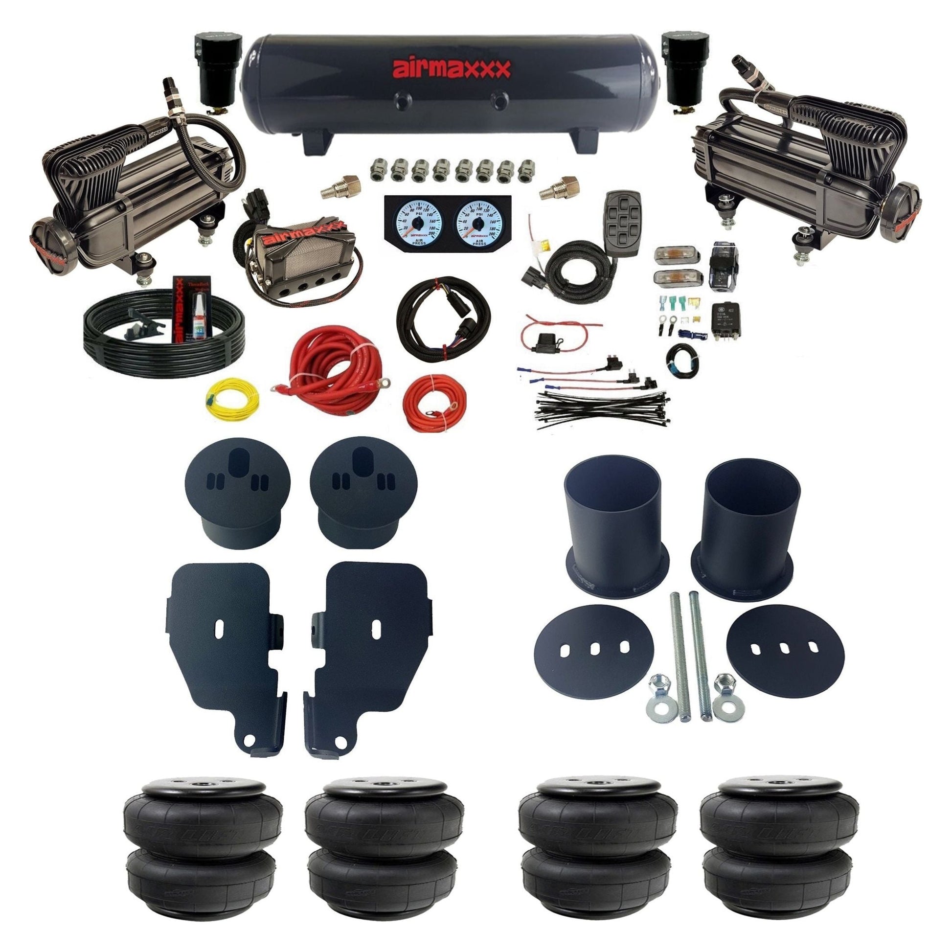 Complete air ride suspension kit with x-series compressors aluminum tank and manifold with air lift bags KIMP65-XB2-57S-X4X7-WK-HFD25