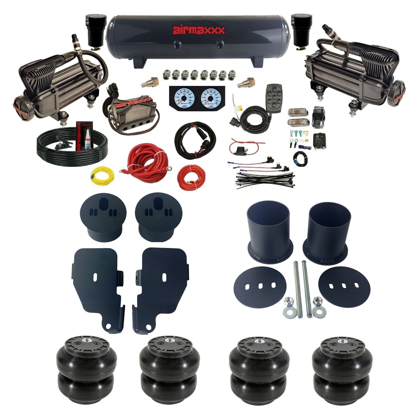 Complete air ride suspension kit with x-series compressors aluminum tank and manifold with slam bags KIMP65-XB2-57S-X4X7-WK-HFSS6