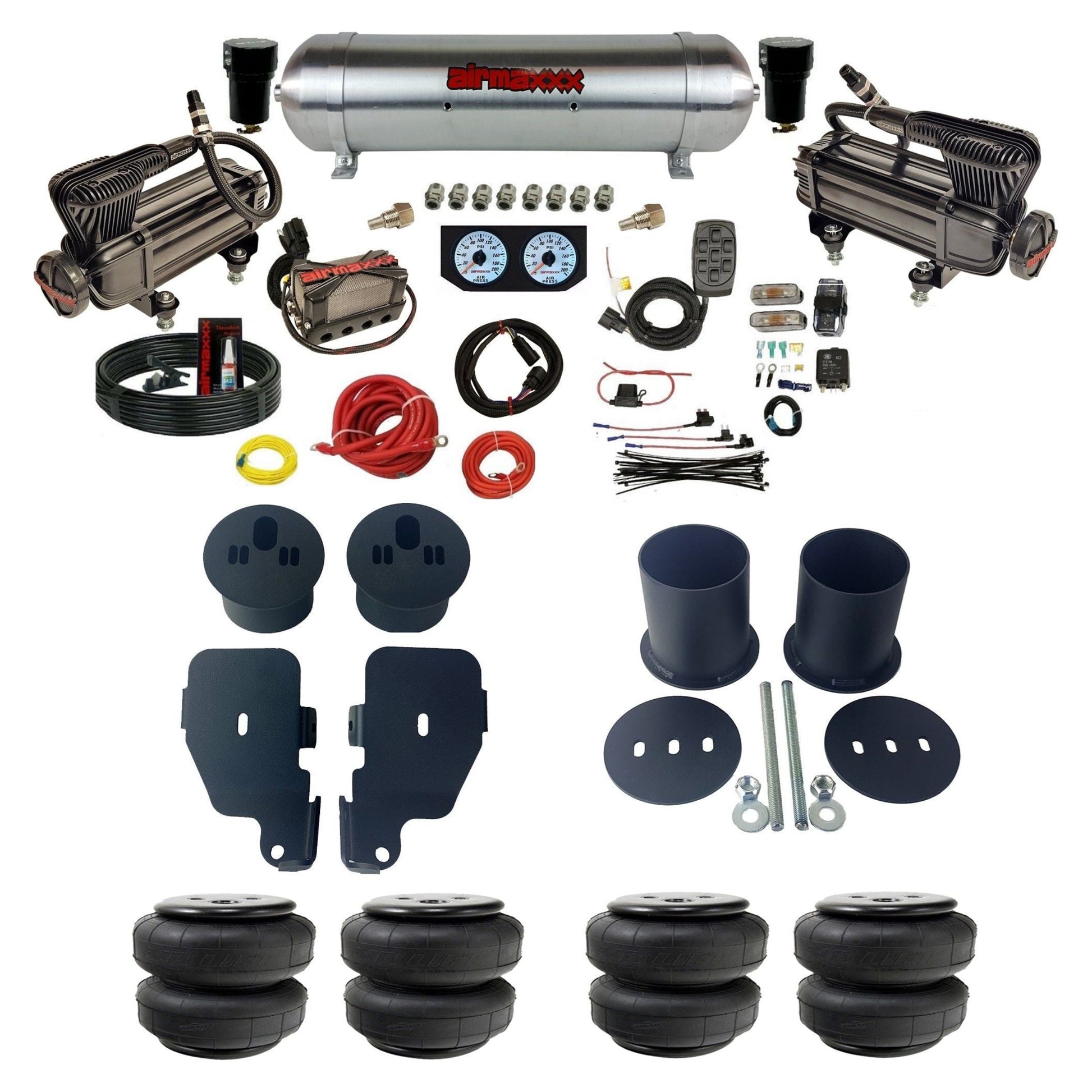 Complete air ride suspension kit with x-series compressors aluminum tank and manifold with air lift bags KIMP65-XB2-57ARW-X4X7-WK-HFD25