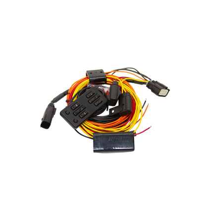 A wiring harness kit with a black multi-button control module, a black rectangular receiver box, and multiple black plastic connectors attached to thick yellow, orange, black, and red wires, shown on a plain white background.
