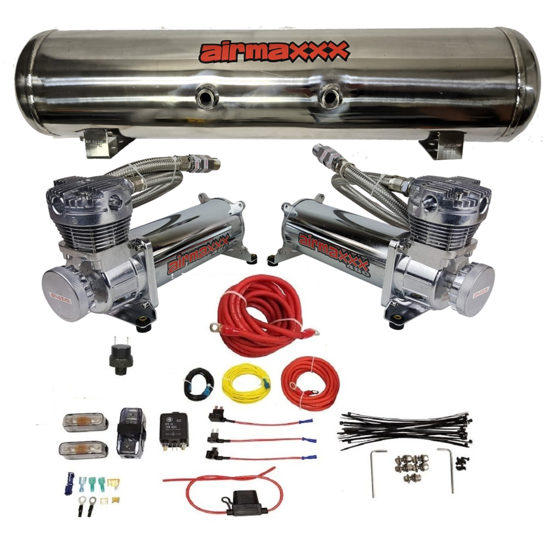 Custom air ride setup with dual 480 compressors and 7 port stainless tank and wiring install kit