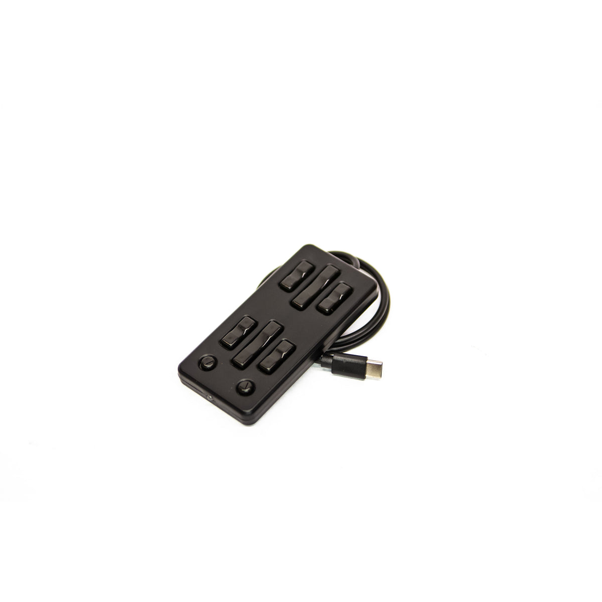 A black multi-port USB hub with a short black cable and a USB-C connector, shown on a plain white background.