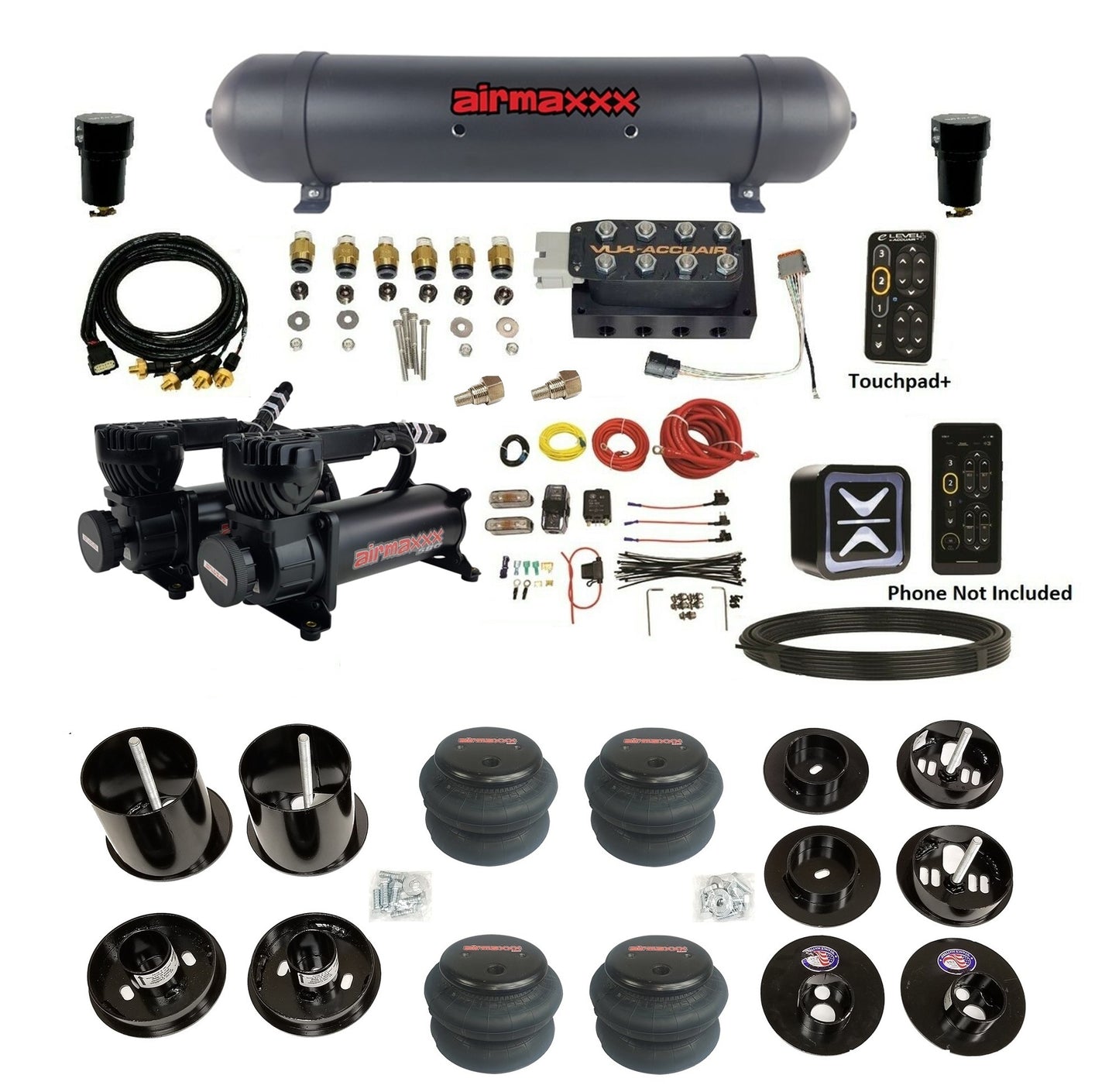 All Black Air Suspension Kit w/Accuair E+ Connect & VU4 Pressure Presets Fits 1965-70 Cadillac