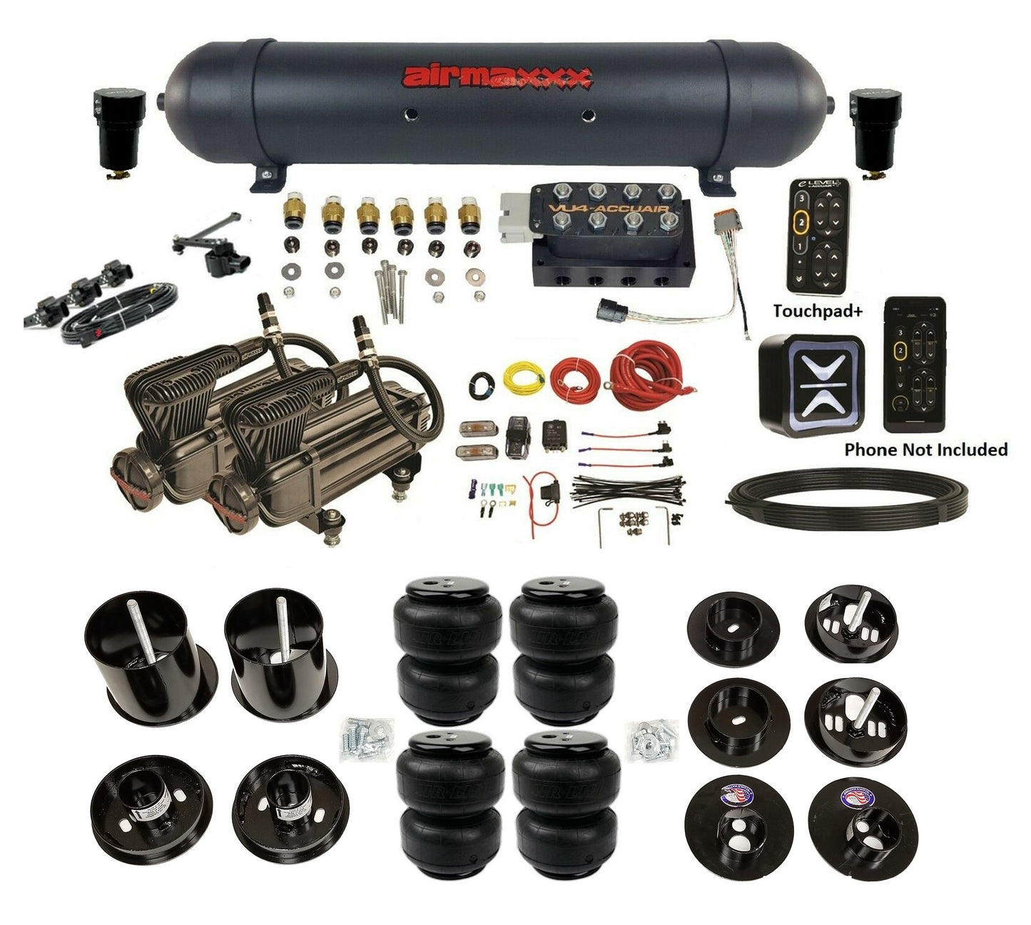 All Black Air Suspension Kit w/Accuair E+ Connect & VU4 Height Presets Fits 1965-70 Cadillac