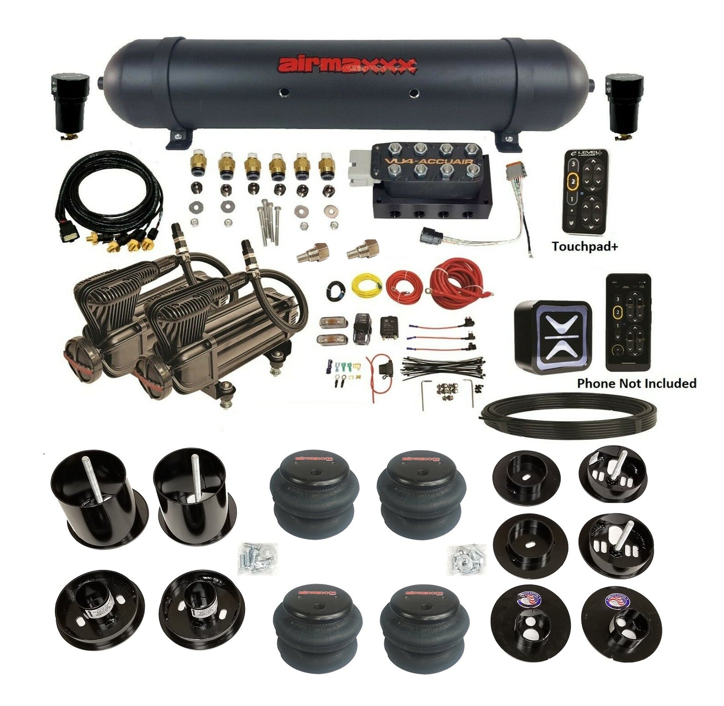 All Black Air Suspension Kit w/Accuair E+ Connect & VU4 Pressure Presets Fits 1965-70 Cadillac