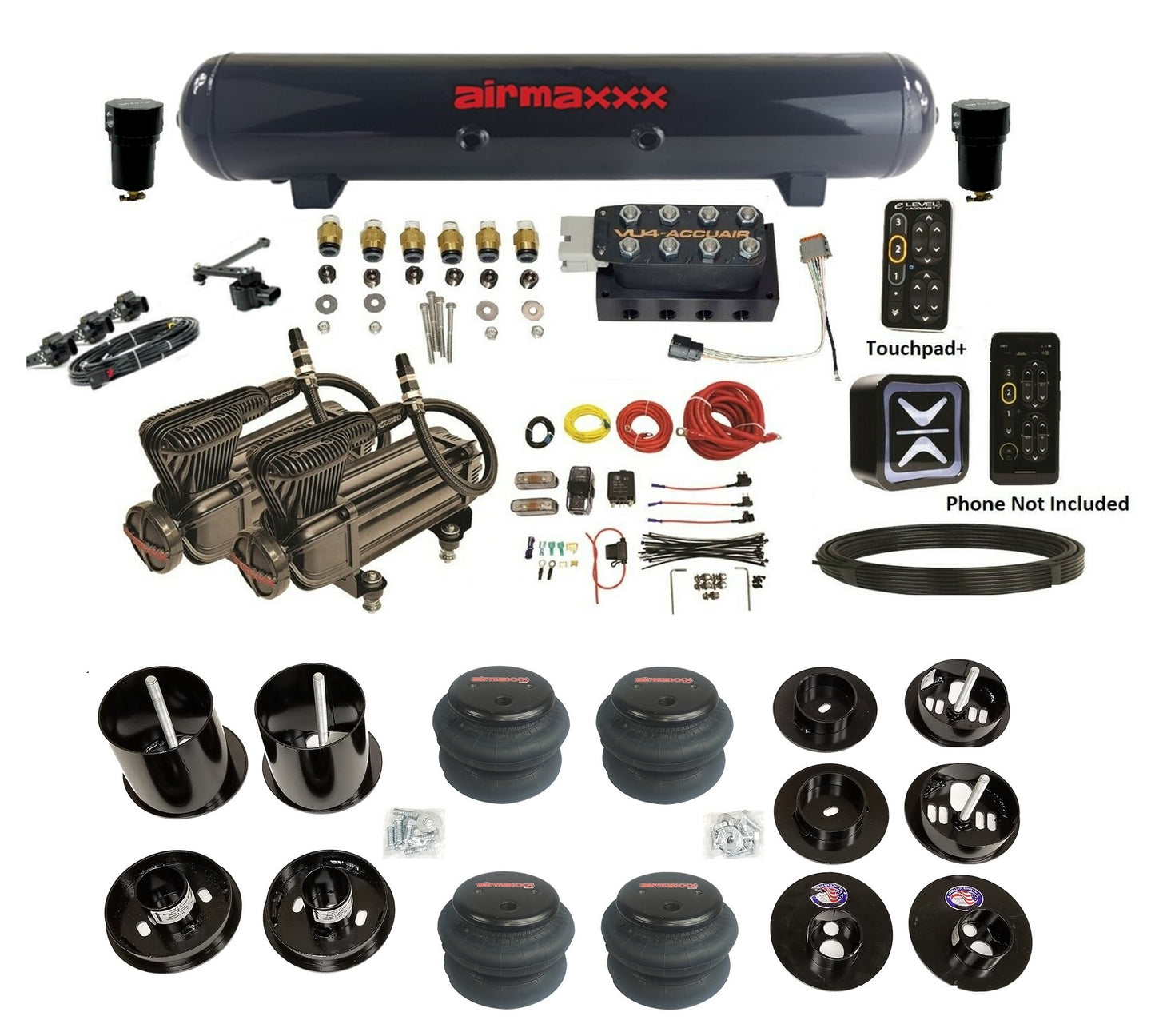 All Black Air Suspension Kit w/Accuair E+ Connect & VU4 Height Presets Fits 1965-70 Cadillac