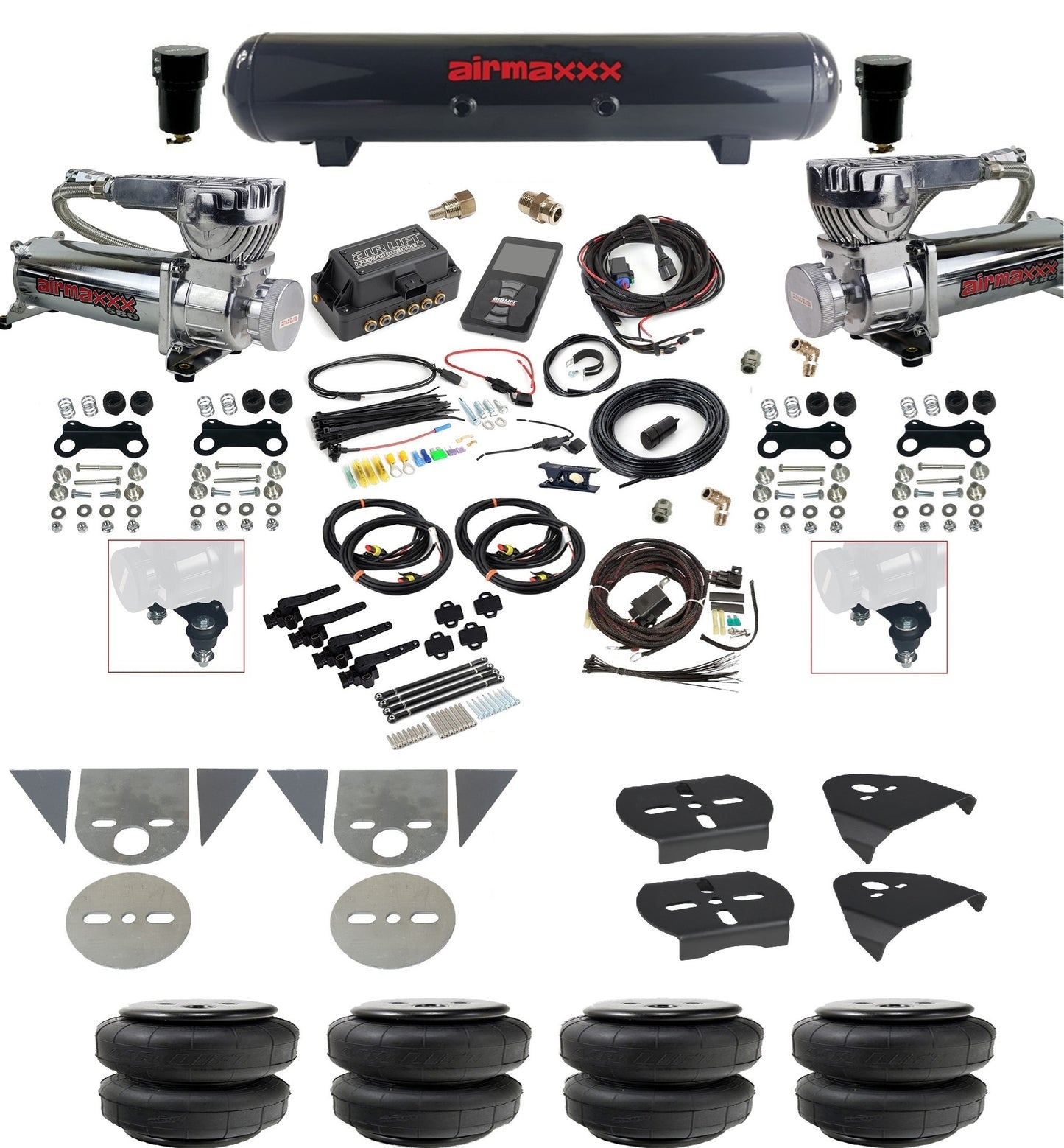 3/8 Suspension Kit 3H Air Lift 27695 w/Chrome 580 Compressors Fits Import Torsion Key Mini Trucks