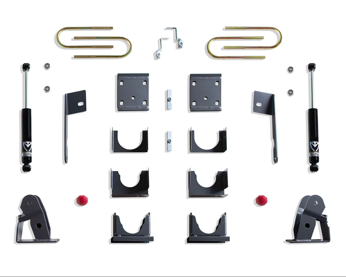 2019-2026 GM monoleaf suspension | Rear flip kit hangers shackles and bump stops | MaxTrac 2000LL-4 rear shocks included | USA made steel lowering components