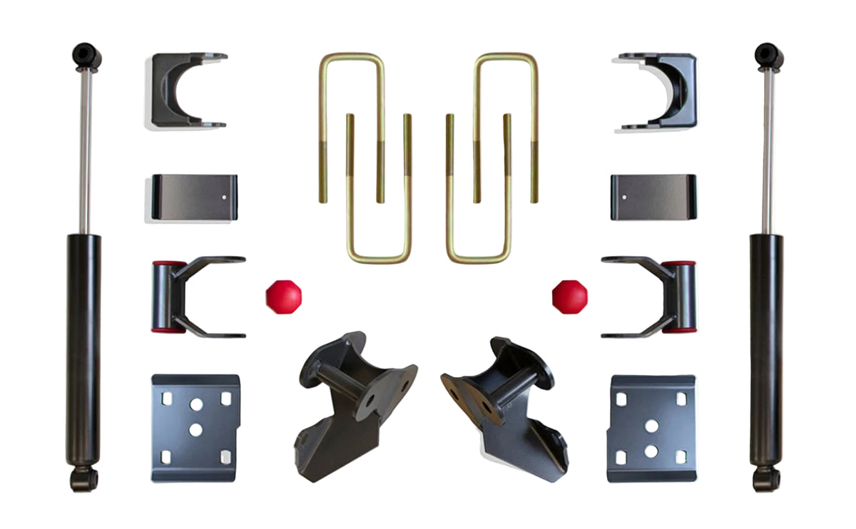 2009-2014 Ford F150 rear drop suspension | MaxTrac flip kit hangers shackles bump stops and 2400LL-9 shocks | Ford F-150 4WD rear axle flip lowering system | MaxTrac 203430 rear suspension components