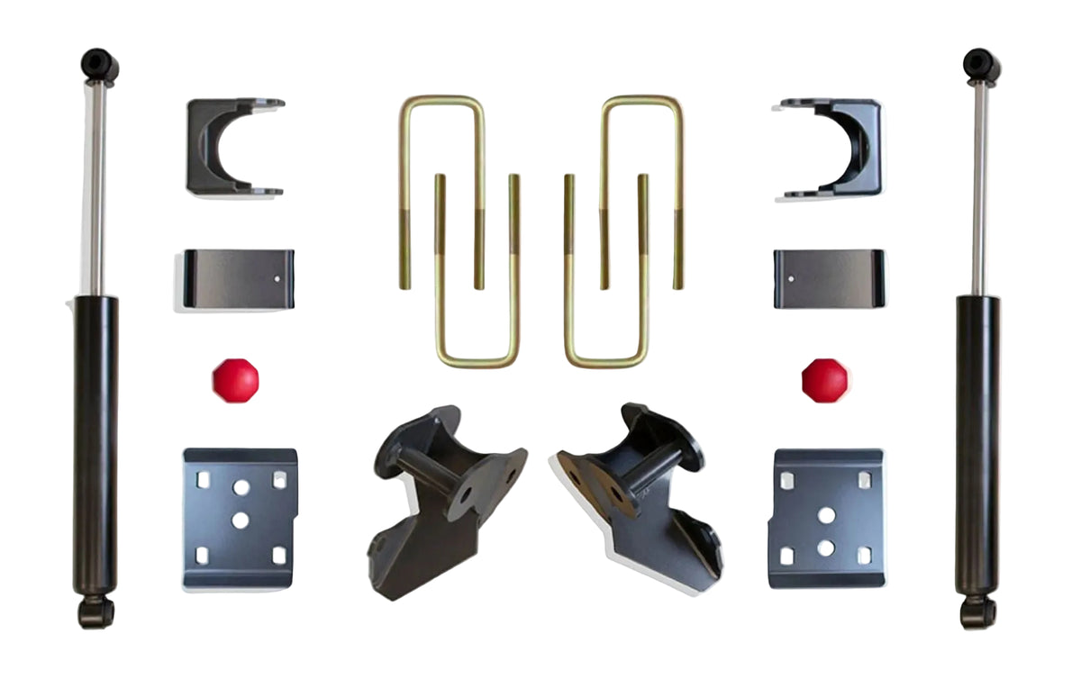 2009-2014 Ford F150 rear drop suspension | MaxTrac F-150 flip kit hangers bump stops and 2400LL-9 shocks | Ford F150 2WD 4 inch rear axle flip lowering kit | MaxTrac 203440 rear components for 2 front 4 rear drop