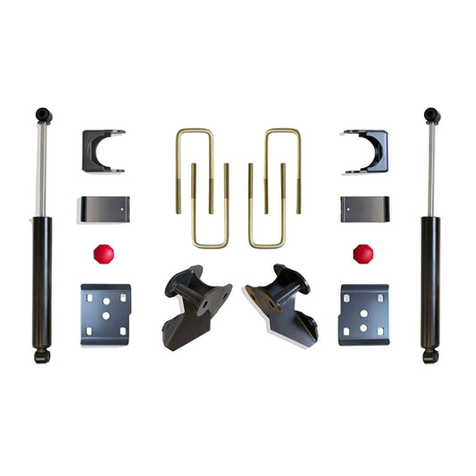2009-2014 Ford F150 rear drop suspension | MaxTrac F-150 flip kit hangers bump stops and 2400LL-9 shocks | Ford F150 2WD 4 inch rear axle flip lowering kit | MaxTrac 203440 rear components for 2 front 4 rear drop