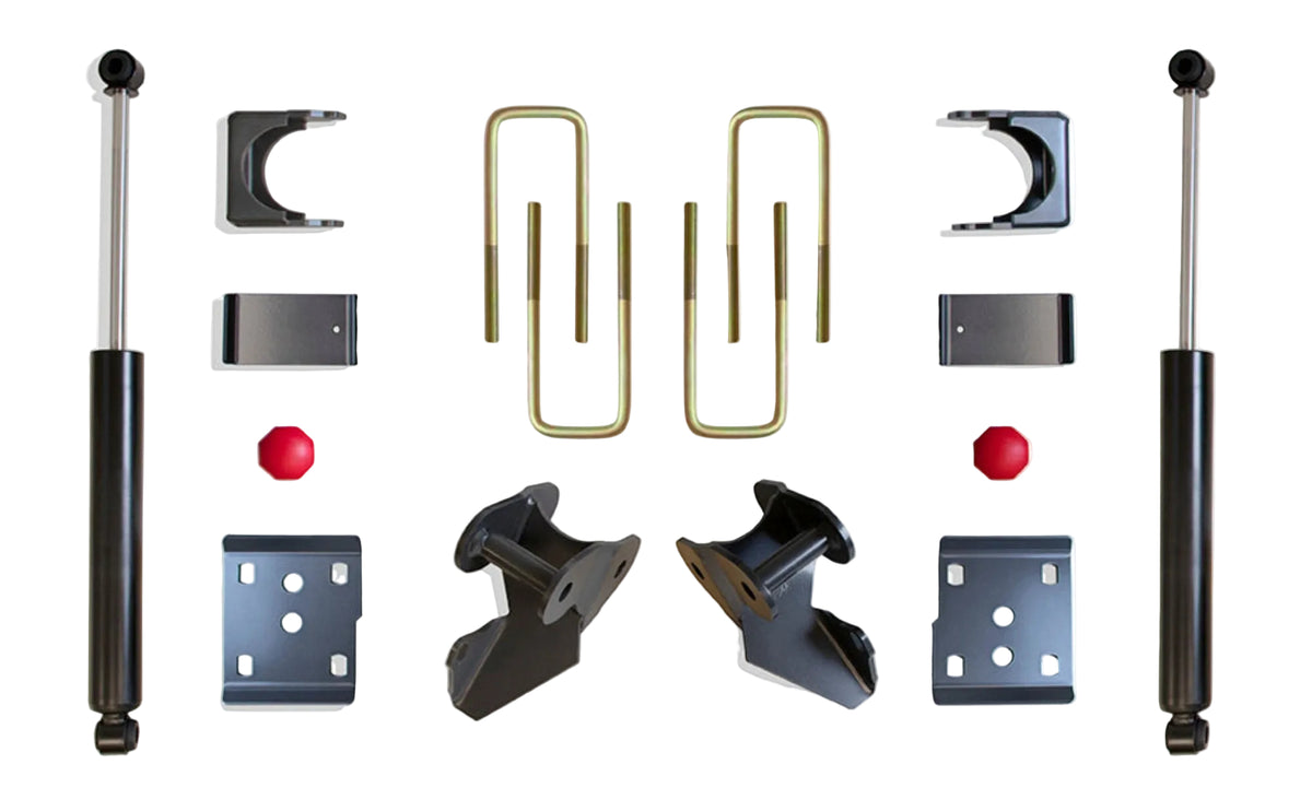 2009-2014 Ford F150 rear drop suspension | MaxTrac F-150 flip kit hangers bump stops and 2400LL-9 shocks | Ford F150 4WD 5 inch rear axle flip lowering kit | MaxTrac 203440 rear components for 3 front 5 rear drop