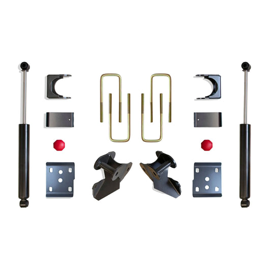 2009-2014 Ford F150 rear drop suspension | MaxTrac F-150 flip kit hangers bump stops and 2400LL-9 shocks | Ford F150 4WD 5 inch rear axle flip lowering kit | MaxTrac 203440 rear components for 3 front 5 rear drop