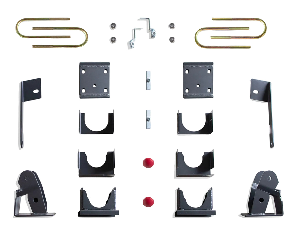 2019-2026 GM monoleaf rear suspension lowering | Rear axle relocators hangers shackles spring plates and bump stops | USA made MaxTrac steel lowering components | Chevy GMC 2WD 4WD rear drop kit