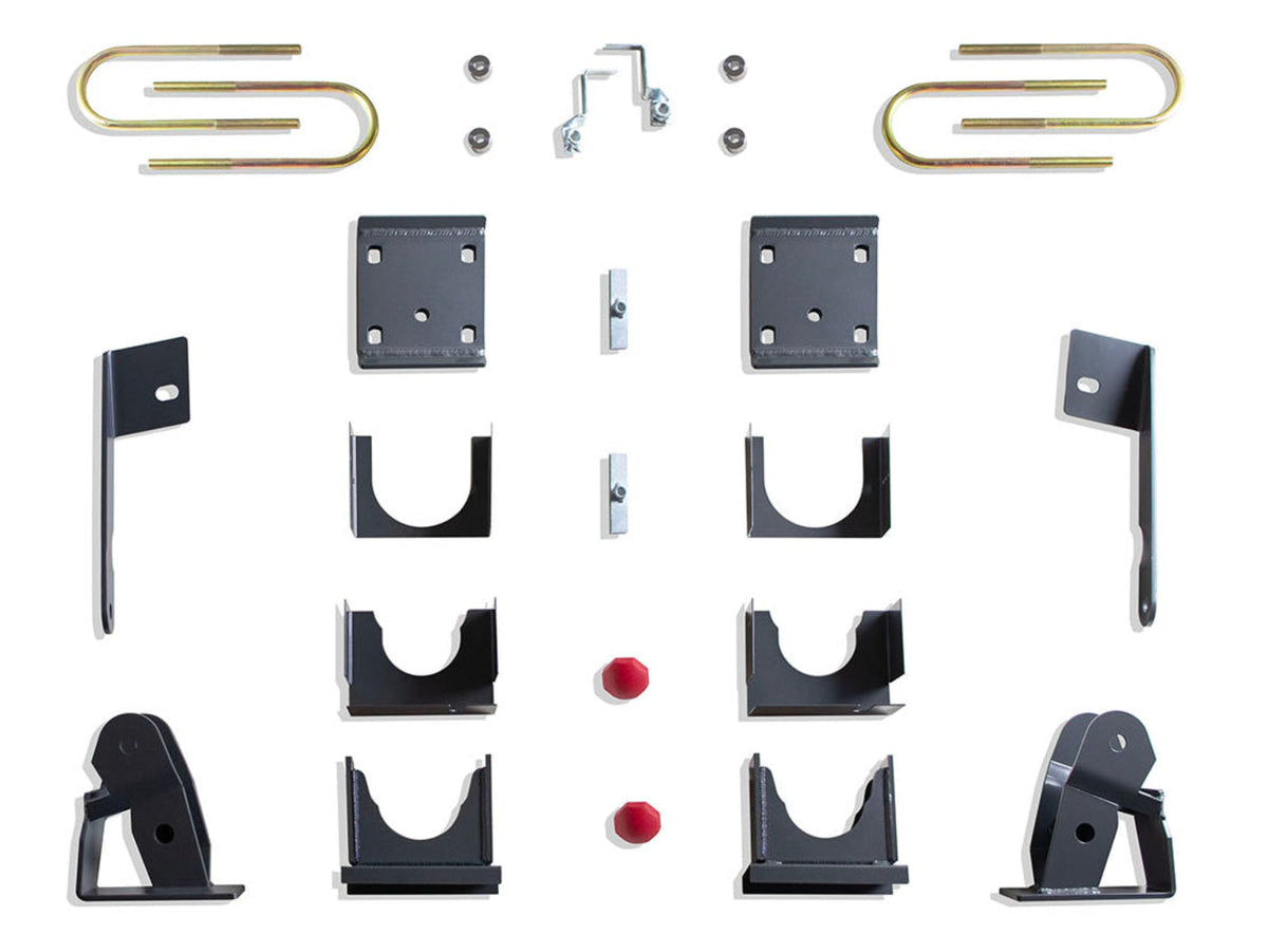 2019-2026 GM monoleaf rear suspension lowering | Rear axle relocators hangers spring plates and bump stops | USA made MaxTrac steel lowering components | Chevy GMC 2WD 4WD rear drop kit