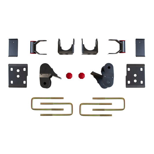 2015-2026 Ford F-150 axle relocation lowering kit | MaxTrac F-150 4WD flip kit with hangers and shackles | Ford F-150 rear lowering kit with spring plates and bump stops | MaxTrac 303230 steel rear suspension flip components