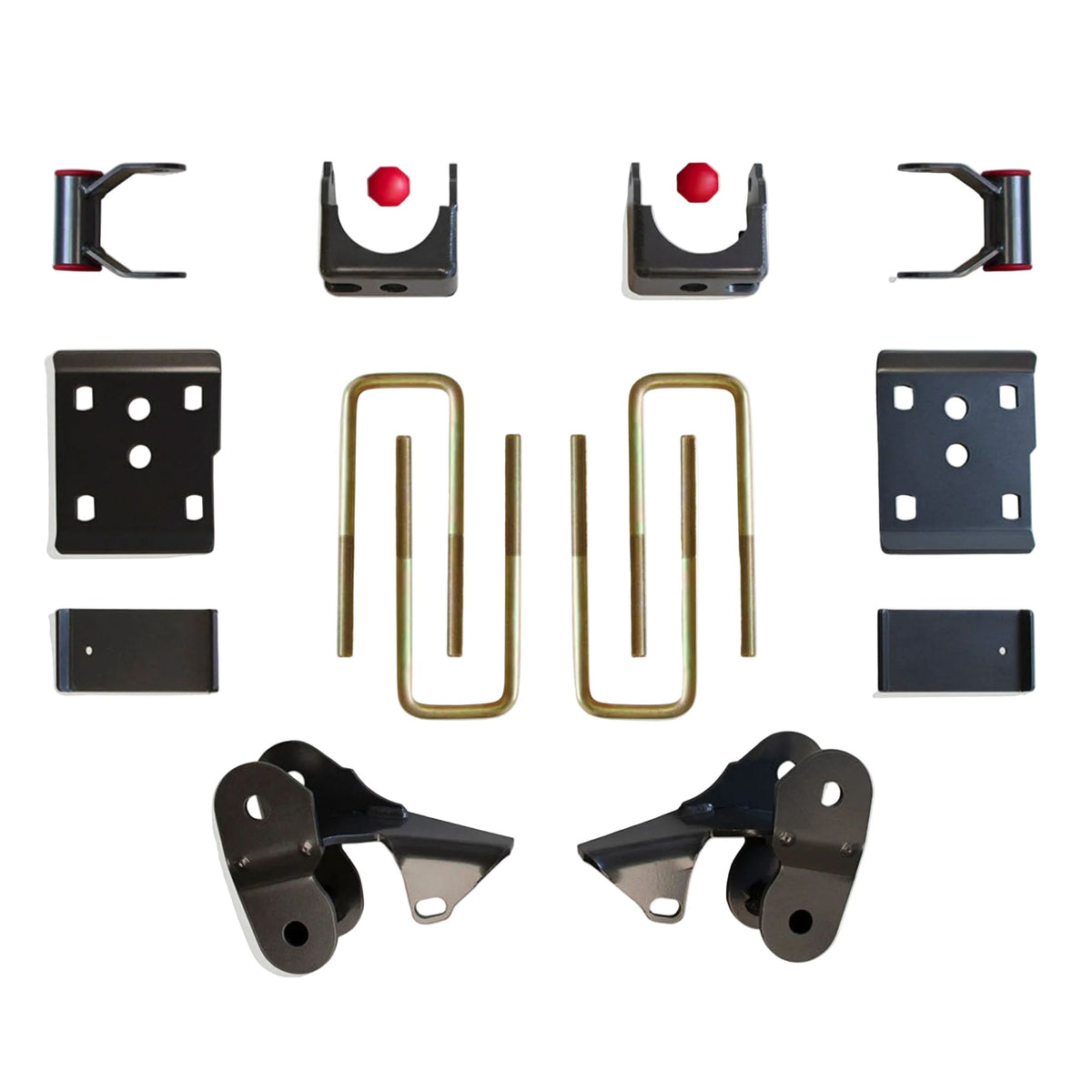 2009-2014 Ford F150 rear lowering system | MaxTrac axle relocators hangers shackles bump stops and spring plates | Ford F-150 2WD rear axle flip suspension components | MaxTrac 303430 grey powder coated lowering kit