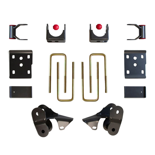 2009-2014 Ford F150 rear lowering system | MaxTrac axle relocators hangers shackles bump stops and spring plates | Ford F-150 4WD rear axle flip suspension components | MaxTrac 303430 grey powder coated lowering kit