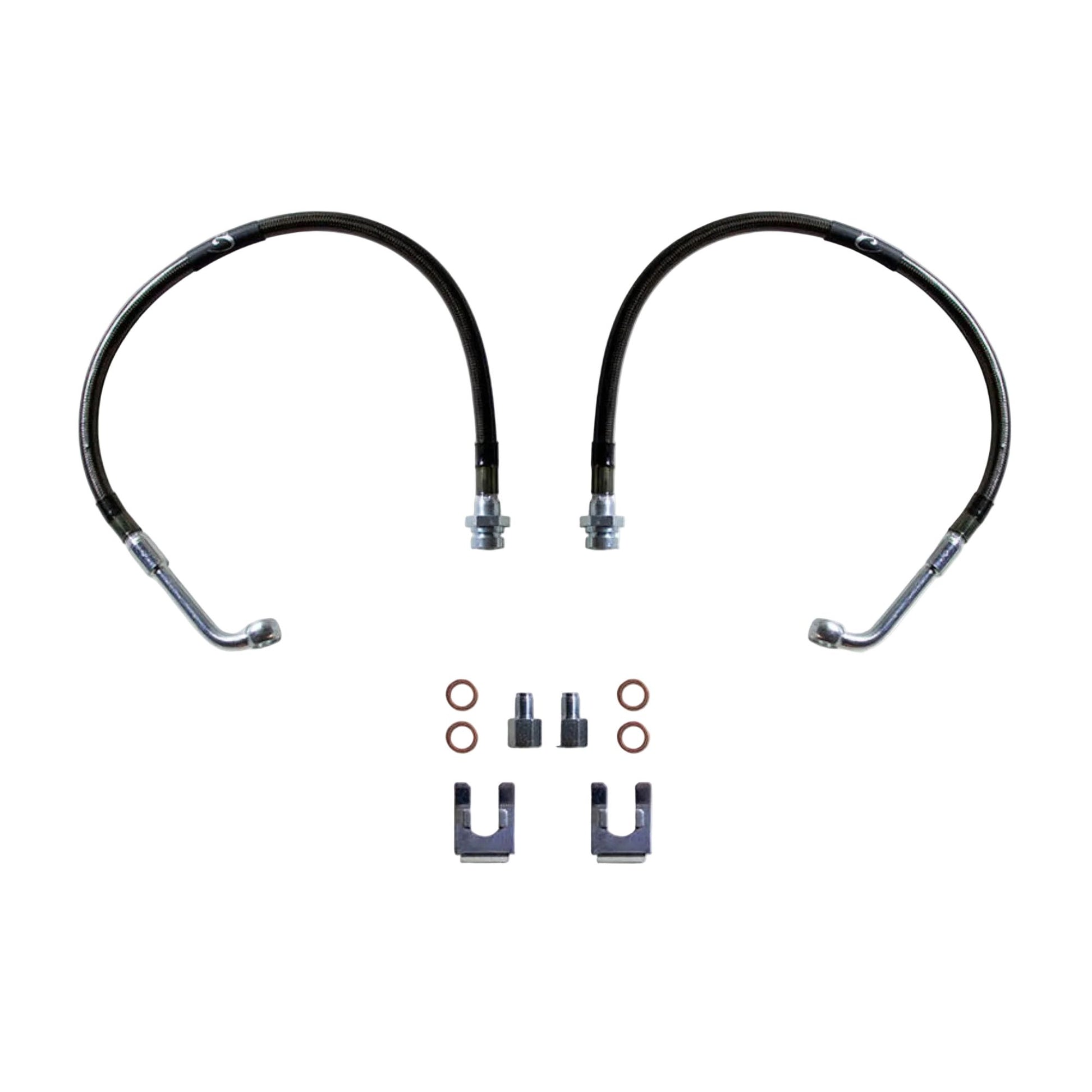 1982-2004 Chevy S10 GMC Sonoma 2WD stainless braided brake hoses | MaxTrac 19 inch brake lines for lift spindles | DOT compliant S-10 extended front brake line pair | MaxTrac five layer stainless braided brake hoses