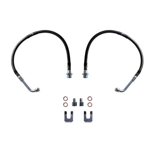 1982-2004 Chevy S10 GMC Sonoma 2WD stainless braided brake hoses | MaxTrac 19 inch brake lines for lift spindles | DOT compliant S-10 extended front brake line pair | MaxTrac five layer stainless braided brake hoses