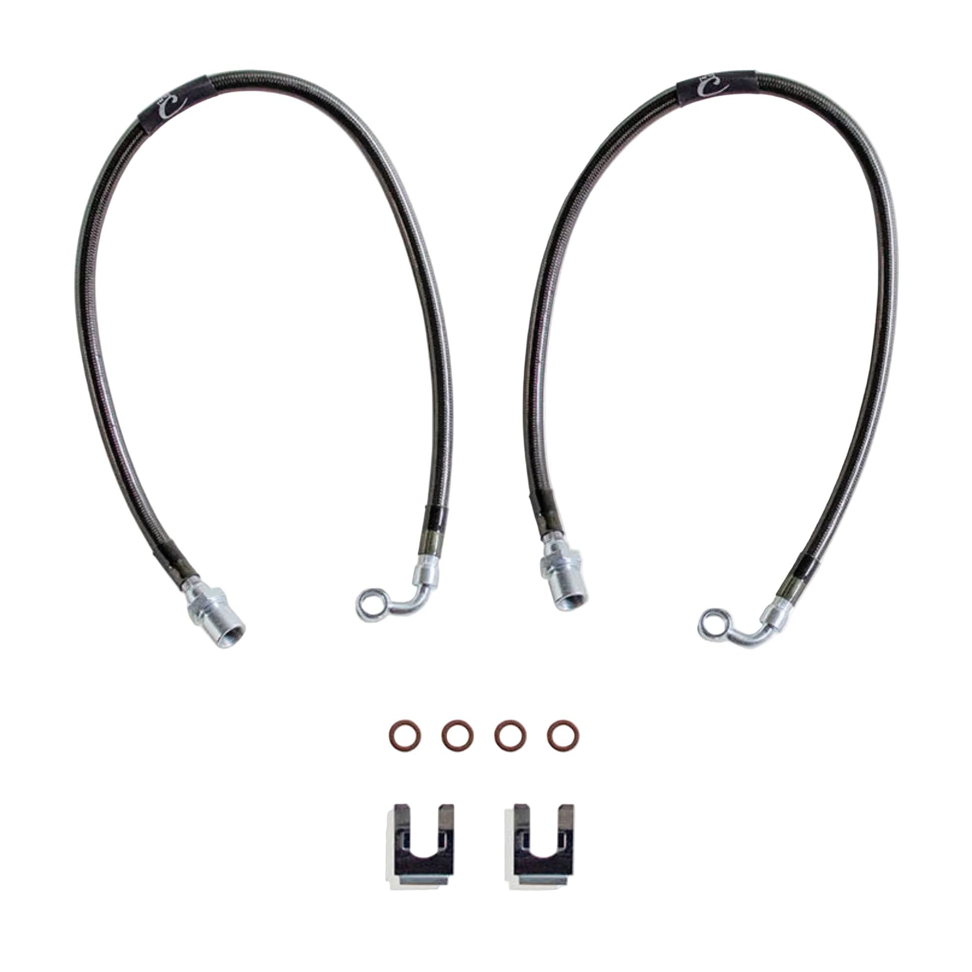 2007-2018 GM 1500 2WD stainless braided brake hoses | MaxTrac 24.5 inch front brake lines for lift spindles | DOT compliant Silverado Sierra extended brake line pair | MaxTrac five layer stainless braided GM 1500 brake hoses