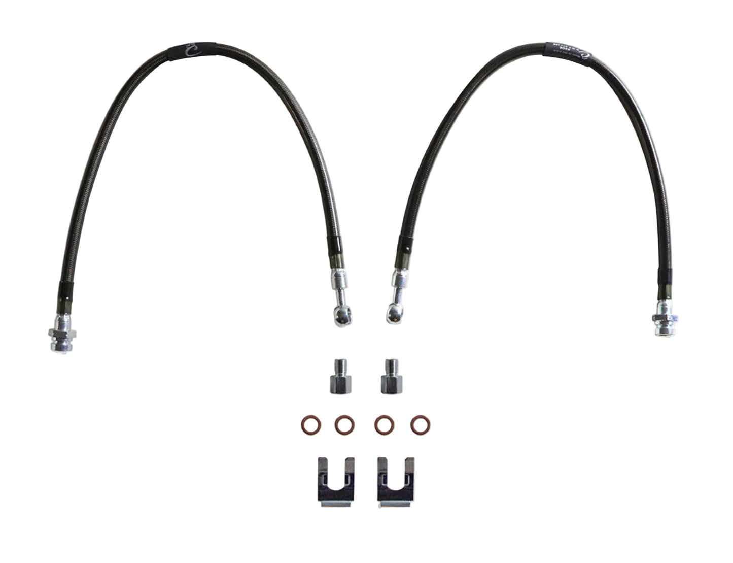 2009-2020 Ford F-150 2WD stainless braided brake hoses | MaxTrac 20 inch brake lines for Ford lift spindles | F-150 DOT compliant extended brake lines with threaded adapter | MaxTrac five layer stainless braided front brake hose pair