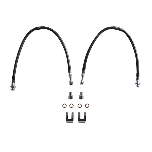 2009-2020 Ford F-150 2WD stainless braided brake hoses | MaxTrac 20 inch brake lines for Ford lift spindles | F-150 DOT compliant extended brake lines with threaded adapter | MaxTrac five layer stainless braided front brake hose pair