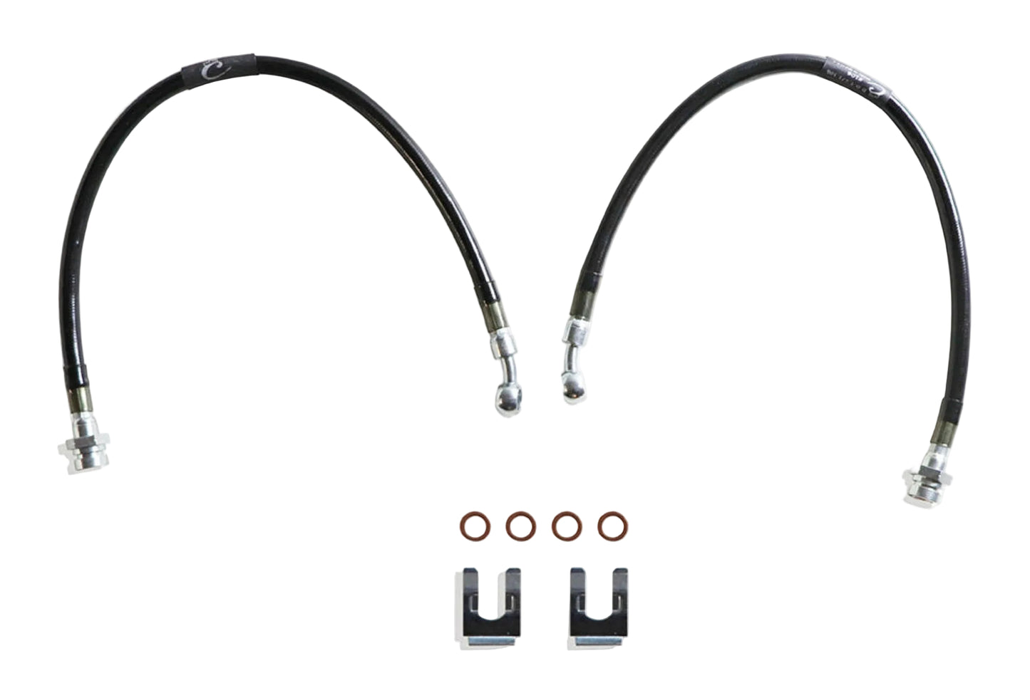 2004-2024 Titan 2WD stainless braided brake hoses | MaxTrac 23.5 inch brake lines for Titan lift spindles | DOT compliant Nissan Titan extended brake line pair | MaxTrac five layer stainless braided front brake hoses