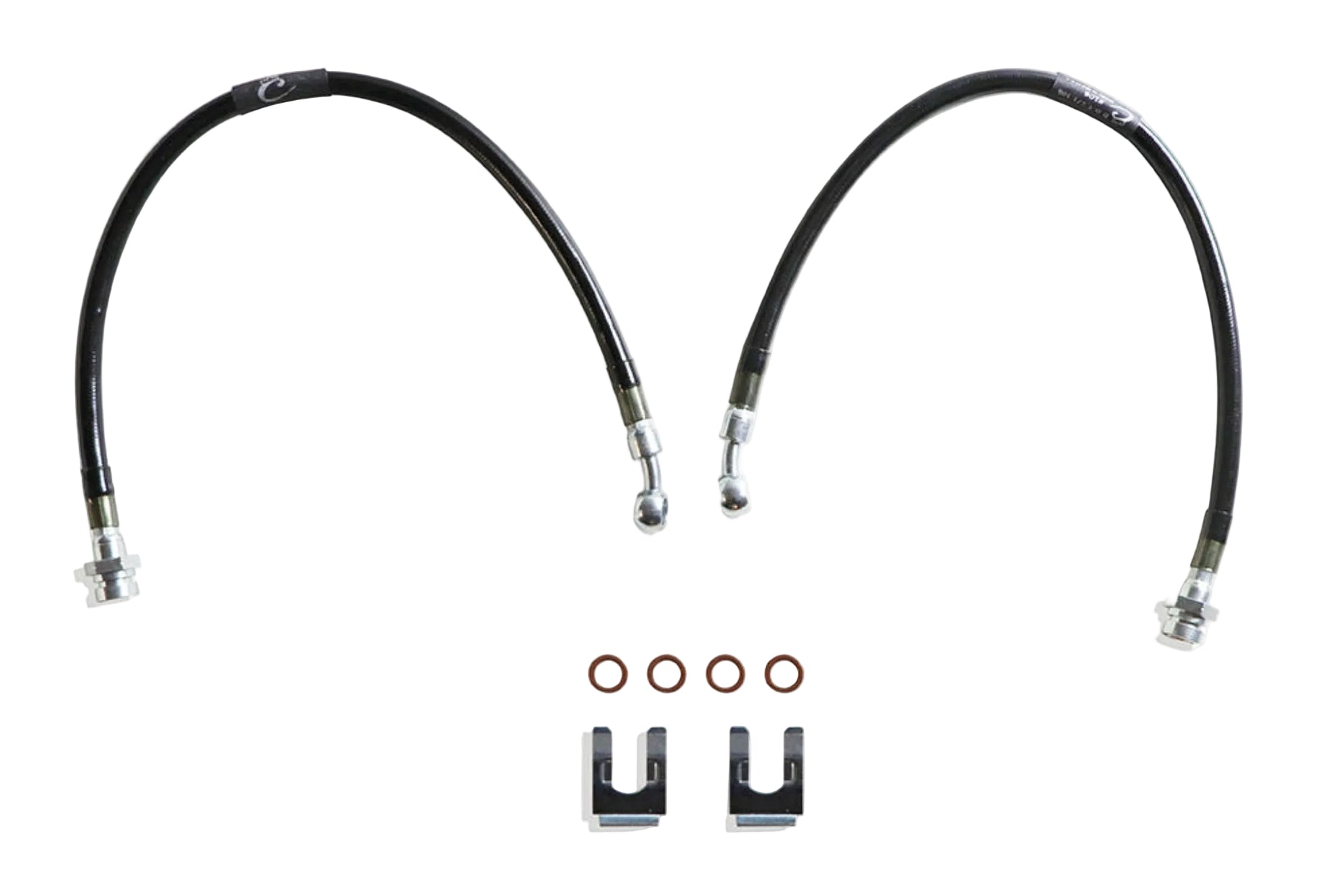 2004-2024 Titan 2WD stainless braided brake hoses | MaxTrac 23.5 inch brake lines for Titan lift spindles | DOT compliant Nissan Titan extended brake line pair | MaxTrac five layer stainless braided front brake hoses