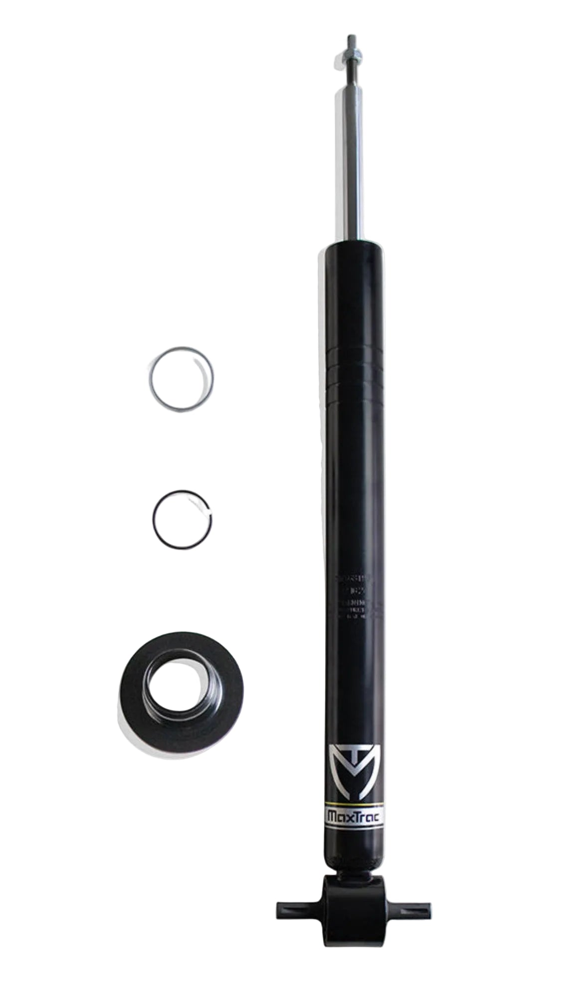 2019-2026 GM 1500 front strut for 7 to 10 inch MaxTrac lift | MaxTrac 631971 black steel front suspension strut | Silverado Sierra lifted strut with coil seat retainer clip and collar | MaxTrac 941900-4 replacement front strut 631971