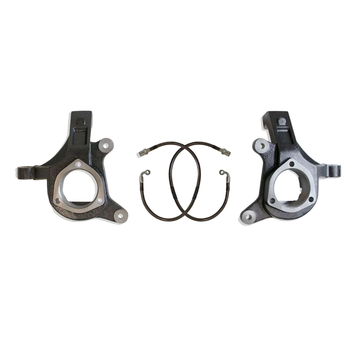 Ductile steel MaxTrac 701330 3-inch front lift spindles with brake lines for Silverado 1500 and GM SUV 2WD with cast steel suspension.