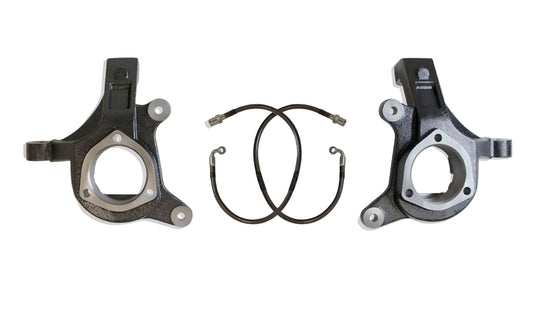 Ductile steel MaxTrac 701330 3-inch front lift spindles with brake lines for Silverado 1500 and GM SUV 2WD with cast steel suspension.