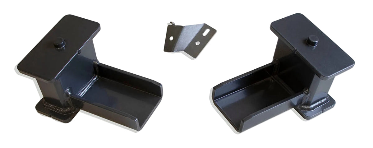 2017-2026 Ford Super Duty 4WD rear suspension blocks | MaxTrac 4 degree angled steel lift block pair | F-250 F-350 lift blocks with bump stop striker plates | MaxTrac 813340 USA made grey powdercoat blocks