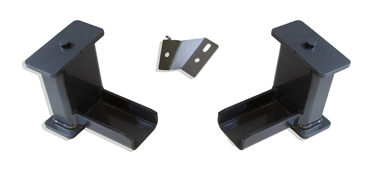 2017-2026 Ford Super Duty 4WD lift blocks | MaxTrac 6 degree steel rear suspension block pair | F-250 F-350 lift blocks with bump stop striker plates | MaxTrac 813360 USA made grey powdercoat rear blocks
