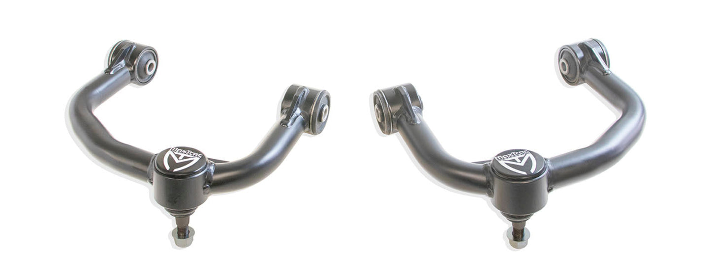 Steel upper control arms with factory ball joints | MaxTrac F150 suspension upgrade | Grey powder coated upper control arms | Ford F150 front suspension components