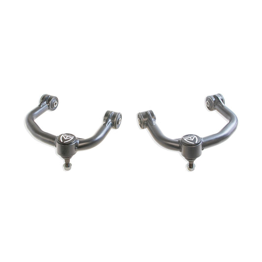 Steel upper control arms with factory ball joints | MaxTrac F150 suspension upgrade | Grey powder coated upper control arms | Ford F150 front suspension components