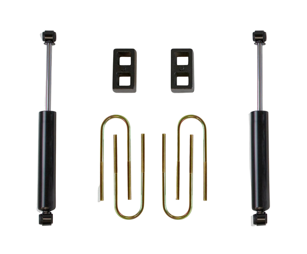 2025-2026 GM 1500 2WD rear lift blocks and U-bolts | MaxTrac 900220 kit with 2650LL-4 rear shocks | Silverado Sierra rear suspension lift box for MaxTrac 701935 | GM 1500 black steel 2 inch rear lift block kit