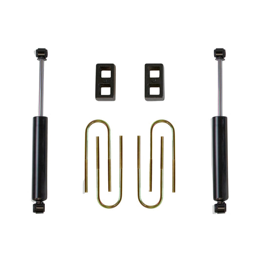 2025-2026 GM 1500 2WD rear lift blocks and U-bolts | MaxTrac 900220 kit with 2650LL-4 rear shocks | Silverado Sierra rear suspension lift box for MaxTrac 701935 | GM 1500 black steel 2 inch rear lift block kit