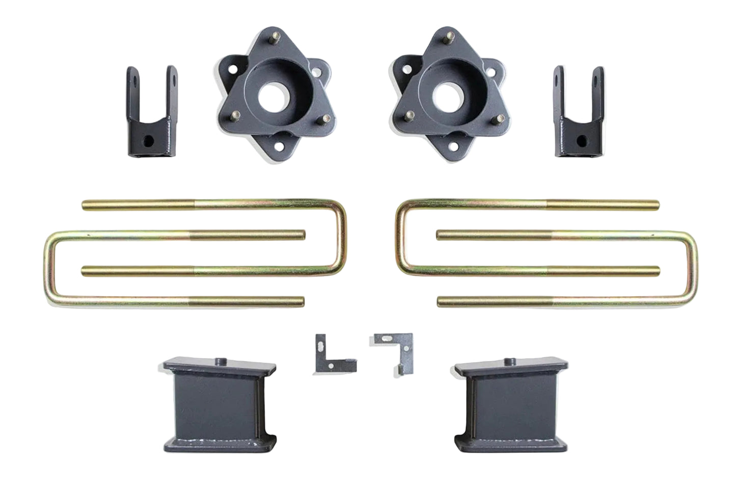 2019-2024 GM 1500 2WD 4 inch rear lift components | MaxTrac 3 inch strut spacers and 4 inch lift blocks | Silverado Sierra Adaptive Ride rear shock extenders and U-bolts | MaxTrac 901940MR front sensor provisions for 701935 lift system