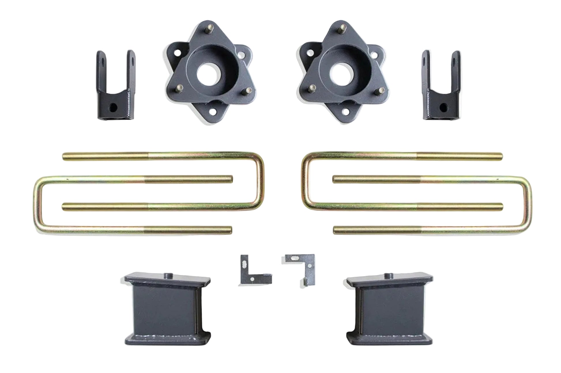 2019-2024 GM 1500 2WD 4 inch rear lift components | MaxTrac 3 inch strut spacers and 4 inch lift blocks | Silverado Sierra Adaptive Ride rear shock extenders and U-bolts | MaxTrac 901940MR front sensor provisions for 701935 lift system