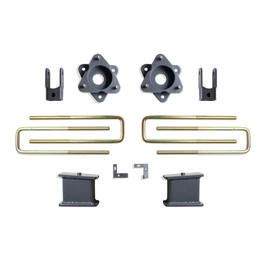 2019-2024 GM 1500 2WD 4 inch rear lift components | MaxTrac 3 inch strut spacers and 4 inch lift blocks | Silverado Sierra Adaptive Ride rear shock extenders and U-bolts | MaxTrac 901940MR front sensor provisions for 701935 lift system