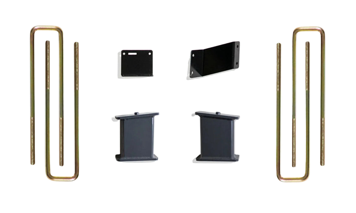 2019-2024 GM 1500 lift blocks U-bolts and brake line brackets | MaxTrac Box 5 rear suspension components for 7 to 8 inch lift | Silverado Sierra 2WD 4WD rear lift block kit | Silverdo Seirra suspention U-bolt lift box