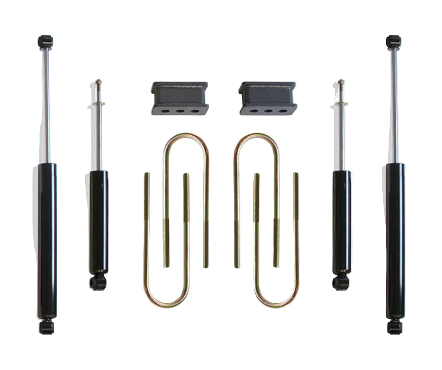 2003-2008 Ram 3500 2WD diesel lift blocks and U-bolts | MaxTrac 4.125 wide 16.5 long dually U-bolts | MaxTrac 1800SL-6 front and 2900LL-4 rear shocks | Ram 3500 DRW rear lift blocks U-bolts and shock package