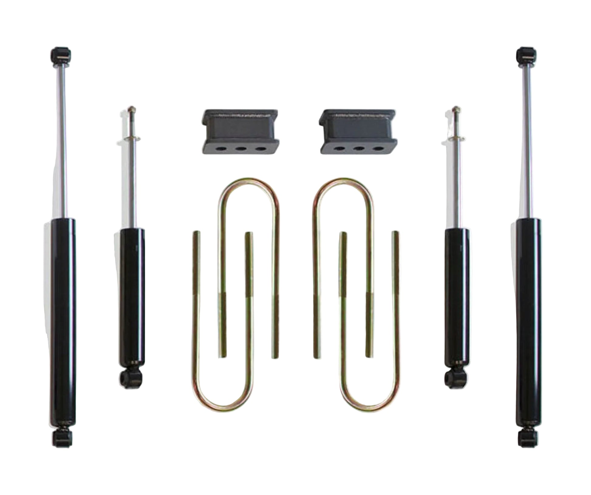 2003-2008 Ram 3500 2WD diesel lift blocks and U-bolts | MaxTrac 4.125 wide 16.5 long dually U-bolts | MaxTrac 1800SL-6 front and 2900LL-4 rear shocks | Ram 3500 DRW rear lift blocks U-bolts and shock package