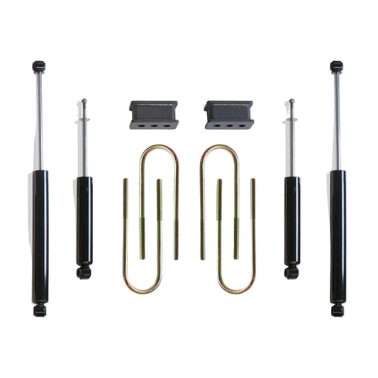 2003-2008 Ram 3500 2WD diesel lift blocks and U-bolts | MaxTrac 4.125 wide 16.5 long dually U-bolts | MaxTrac 1800SL-6 front and 2900LL-4 rear shocks | Ram 3500 DRW rear lift blocks U-bolts and shock package